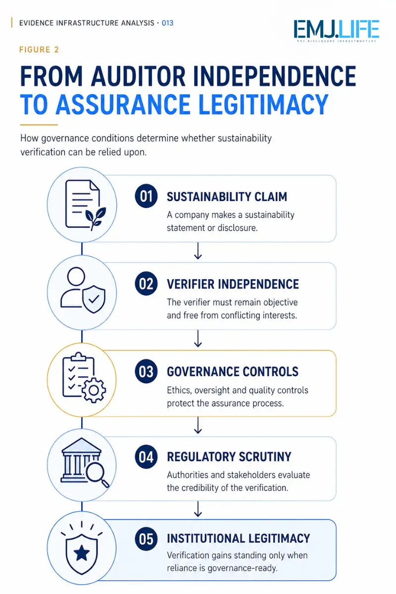 Five-stage path from a sustainability claim through verifier independence, governance controls and regulatory scrutiny to institutional legitimacy.