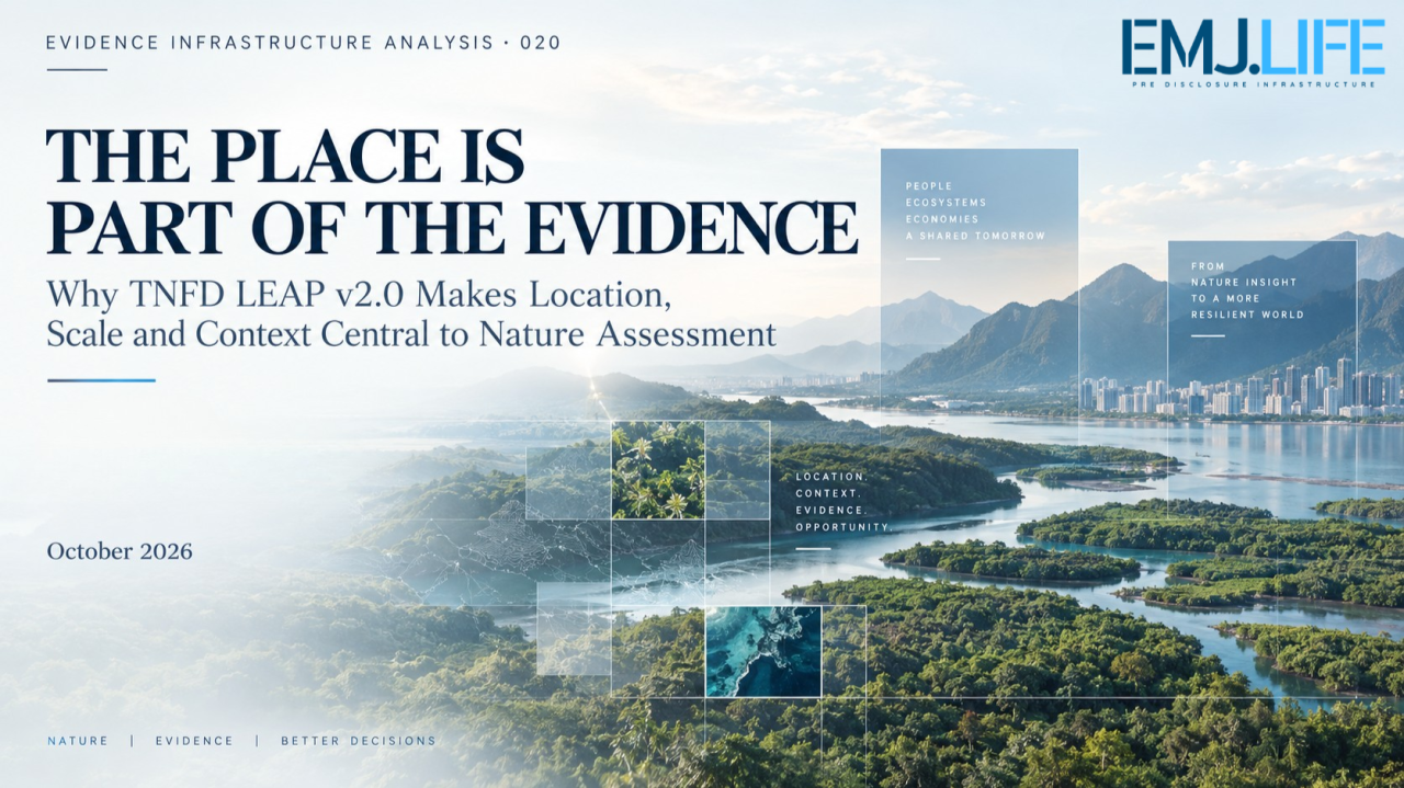 Evidence Infrastructure Analysis 020 cover, The Place Is Part of the Evidence. Why TNFD LEAP v2.0 makes location, scale and context central to nature assessment. Original EMJ.LIFE artwork.