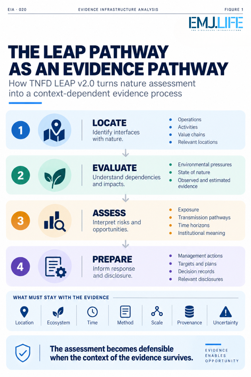 The LEAP Pathway as an Evidence Pathway. Locate, Evaluate, Assess and Prepare retain location, ecosystem, time, method, scale, provenance and uncertainty. EMJ.LIFE analytical illustration.