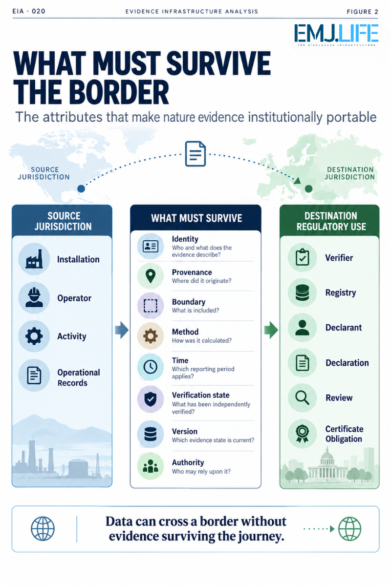 What Must Survive the Border. Supplied EMJ.LIFE cross-border regulatory evidence illustration, showing source installation, operator and activity; retained identity, provenance, boundary, method, time, verification state, version and authority; and destination regulatory use.