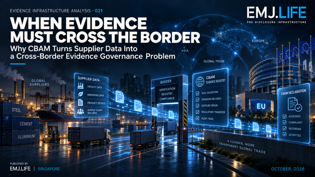 EIA-021 cover, When Evidence Must Cross the Border. Conceptual illustration of supplier emissions information moving from non-EU production through evidence governance into an EU CBAM declaration context.