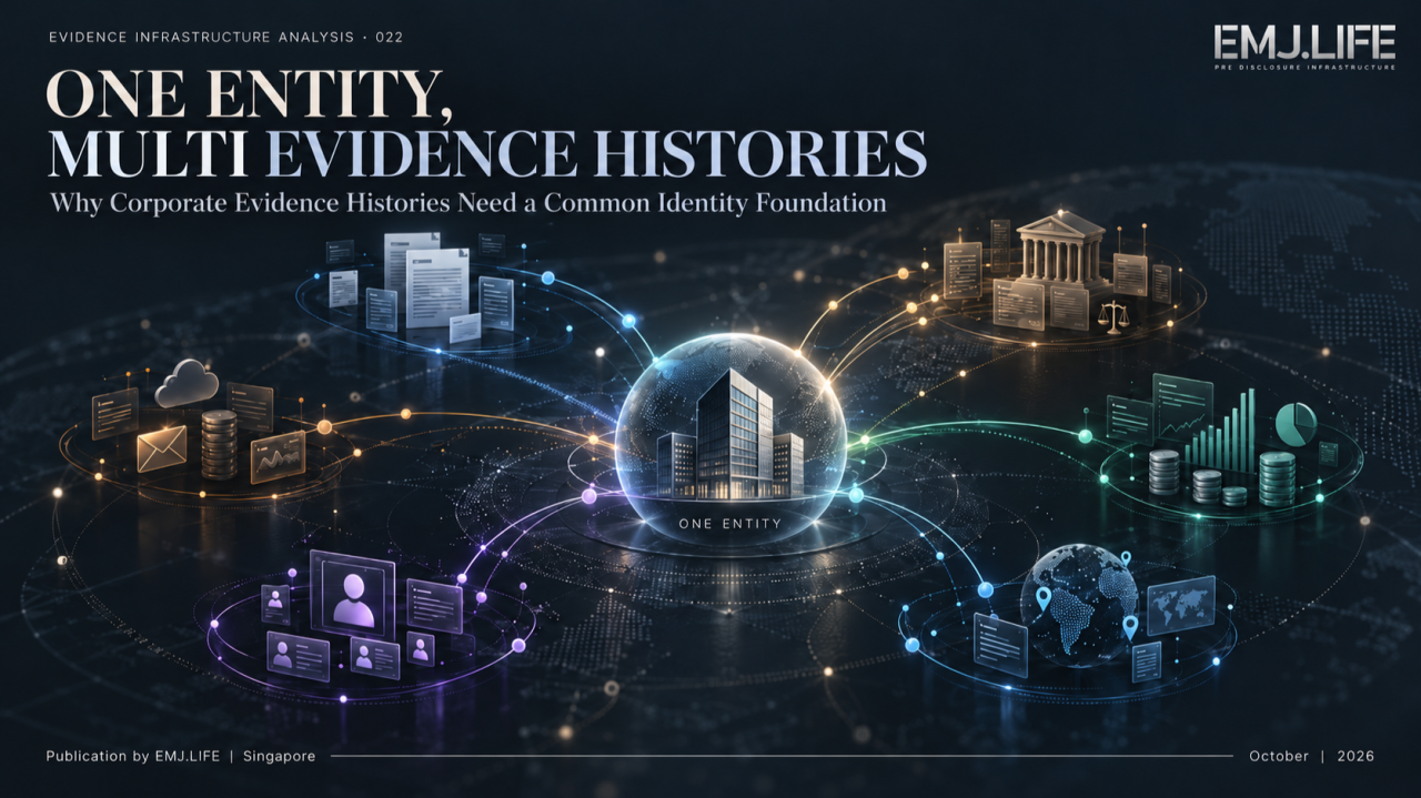 EIA-022 cover, One Entity, Multi Evidence Histories. Conceptual EMJ.LIFE artwork shows one legal entity surrounded by distinct evidence histories. It does not establish that those histories are validated or equivalent.