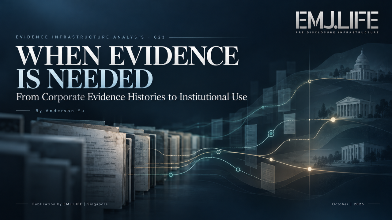 EIA-023 cover, When Evidence Is Needed: From Corporate Evidence Histories to Institutional Use. Original EMJ.LIFE conceptual artwork; preserved records do not predetermine acceptance.