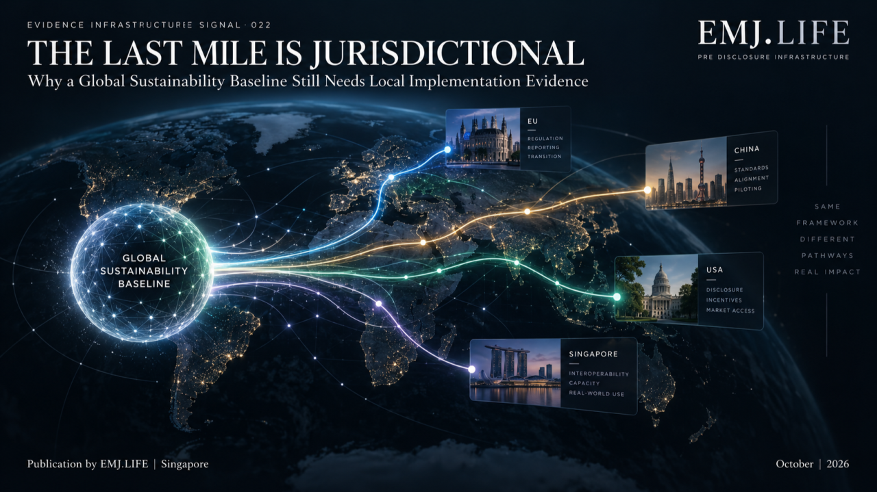 Evidence Infrastructure Signal 022 cover showing a global sustainability baseline moving through jurisdiction-specific pathways.