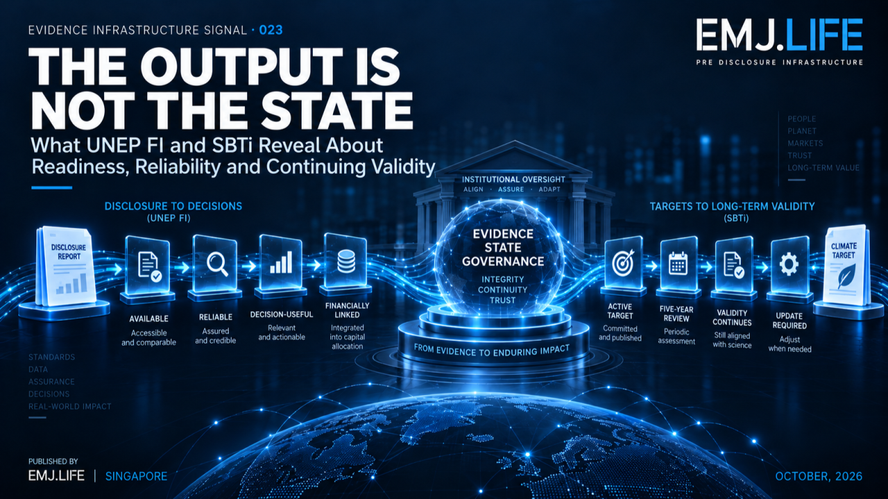 Evidence Infrastructure Signal 023 cover: The Output Is Not the State. Disclosure readiness and target review meet at evidence state governance; original artwork published by EMJ.LIFE.
