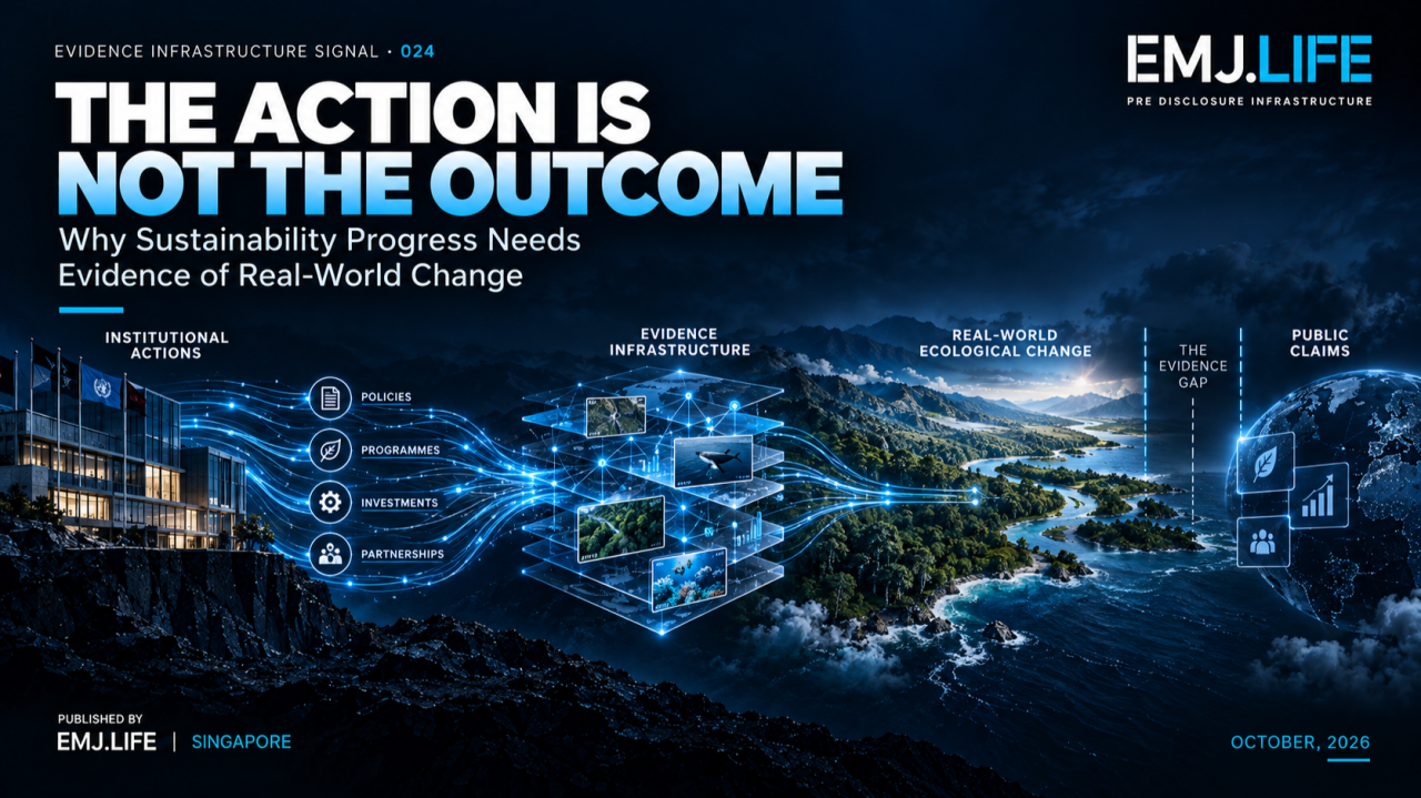 EIS-024 cover, The Action Is Not the Outcome. EMJ.LIFE conceptual artwork connects institutional actions, evidence infrastructure, ecological change and public claims while preserving the evidence gap.